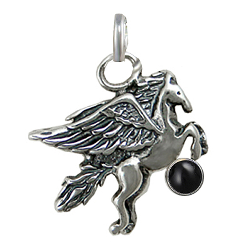 Sterling Silver Little Winged Horse Pegasus Pendant With Black Onyx